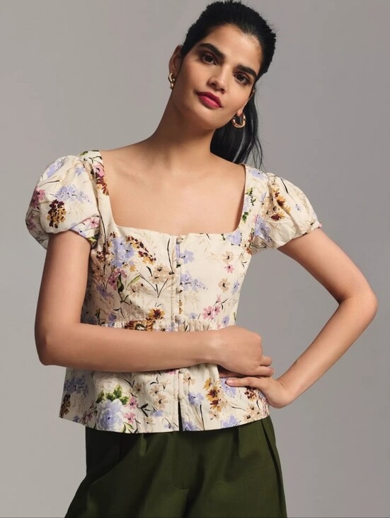 Anthropologie Tops - ANTHROPOLOGIE Peplum Puff Sleeve Square Neck French Country Floral Blouse NWOT